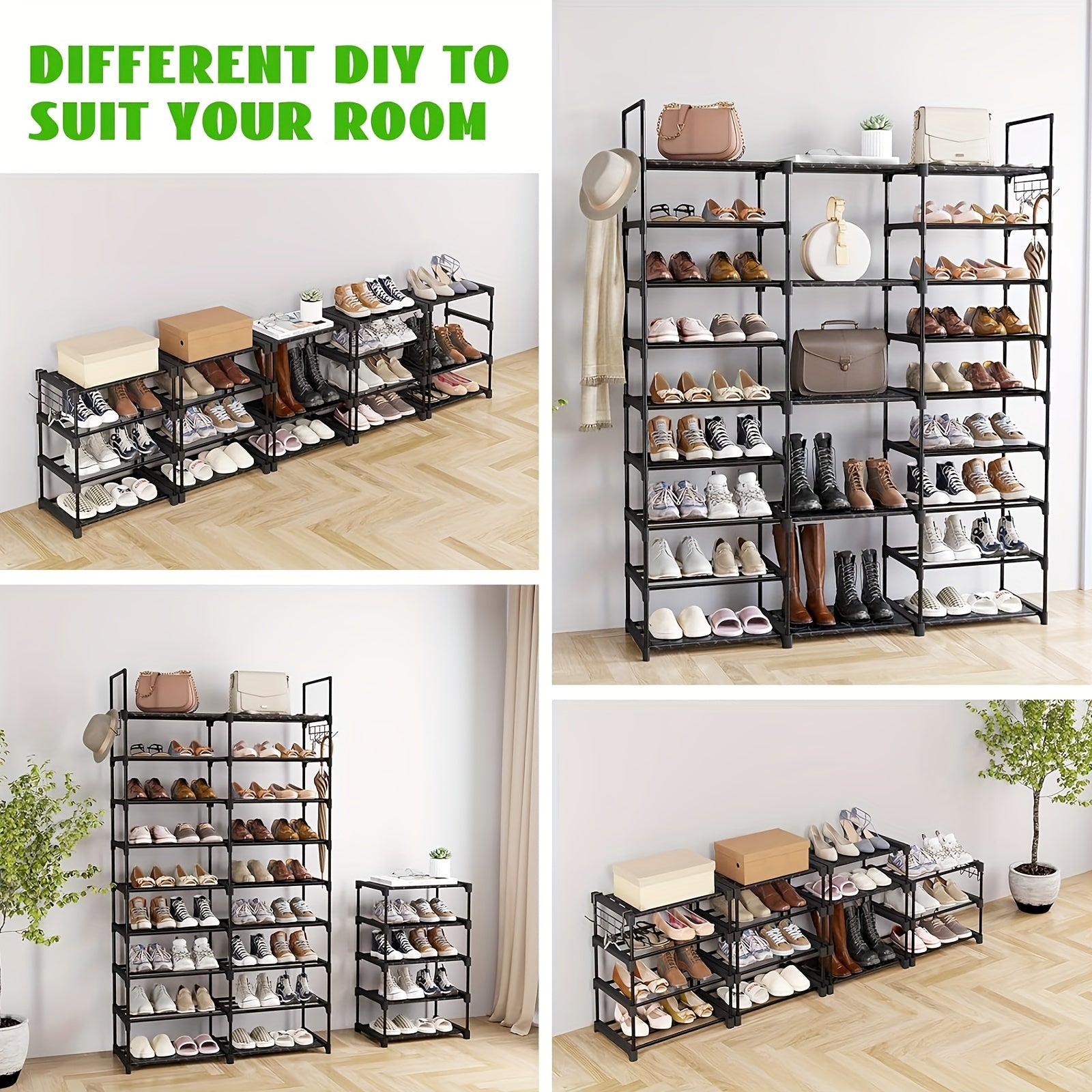 1 pc 9-tier shoe rack organizer (51" L x 10.6" W x 61.2" H), black, 50-55 pairs, stackable metal rack with entry hook, bedroom closet shoe rack