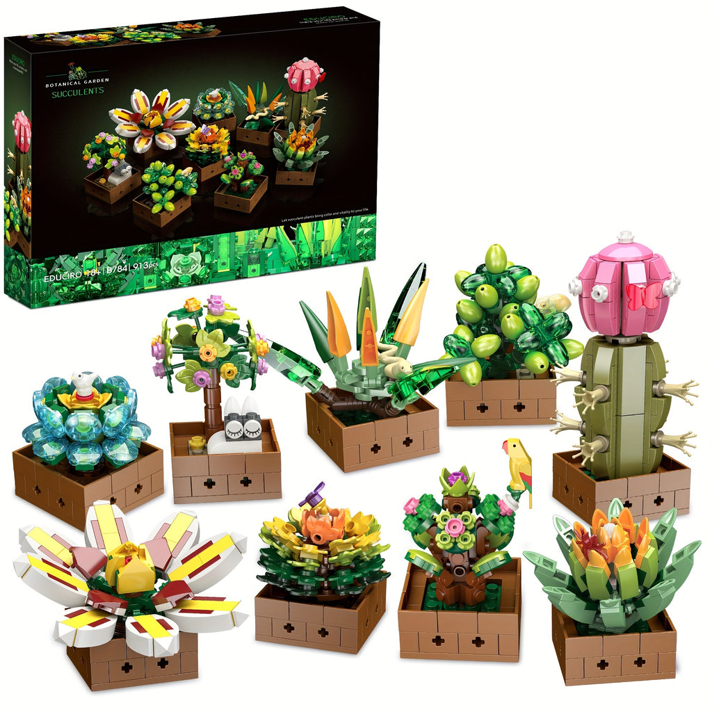 Flower Botanical Bonsai Building Set, Succulent Building Toys - 9 Pack, for Home Decor, Valentine's Day, Mother's Day, Christmas for Adults and Kids - 913pcs