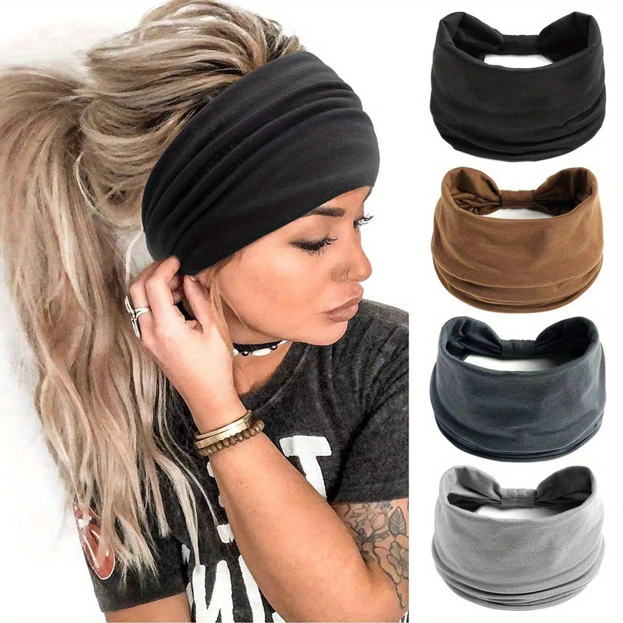 KAQIPEET Women's Wide Headband, Solid Color Polyester, All-Season Stretchy Hair Wrap, Bohemian Thick Sports Yoga Turban Headband Accessory, Colorful Print Knotted Elastic Yoga Headband