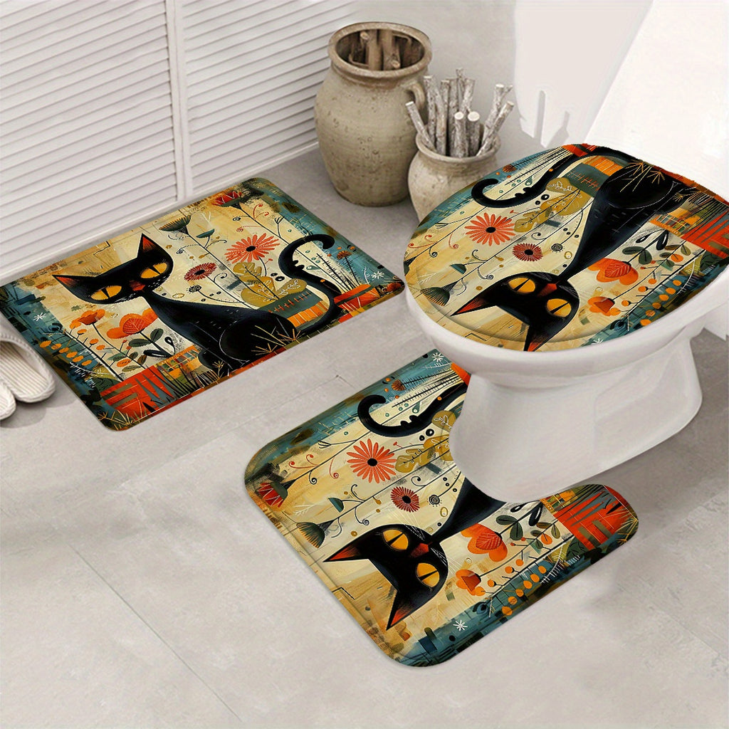 4pcs Black Cat Arts Theme Bathroom Set, Water-Resistant Polyester Shower Curtain with Non-Slip Rugs and Hooks, Woven Knit Fabric, All-Season Decor, Easy Wipe Clean