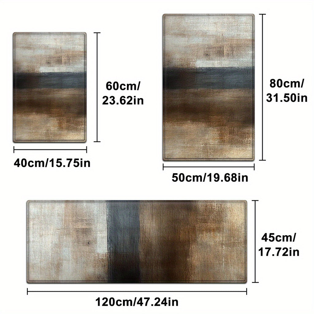 1/2/3pcs Warm brown, rice white, light gray block, abstract art style Flannel Soft Kitchen Rugs Non Slip Washable, Throw Rug, Non-Skid Runner Rug, Floor Mat, Doormat, Living Room Laundry Bathroom Water-absorbing Mat Set, Area