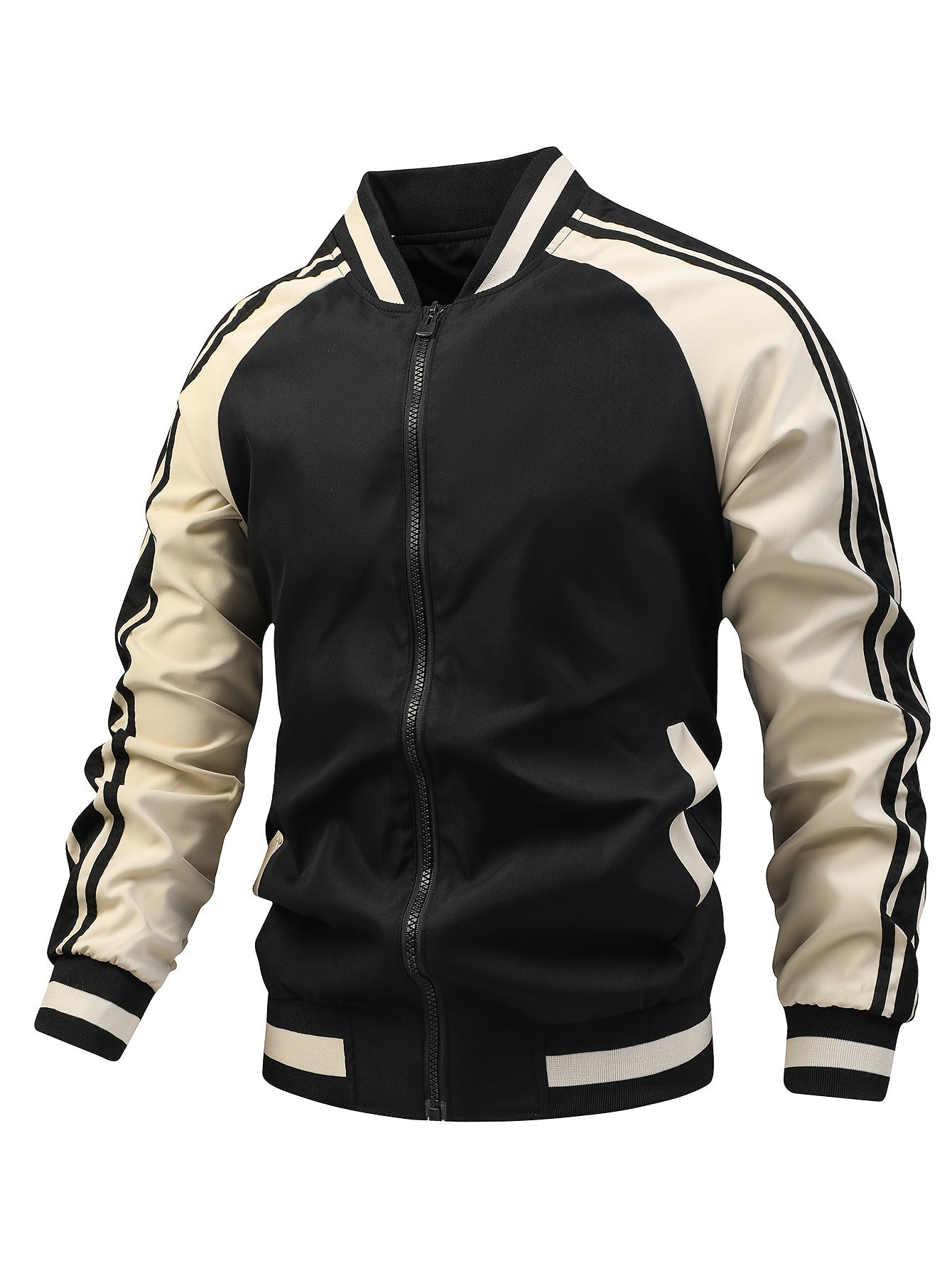 Men's Color Block Graphic Sports Jacket, Casual Striped Zip Up Varsity Jacket For Outdoor Fall Winter
