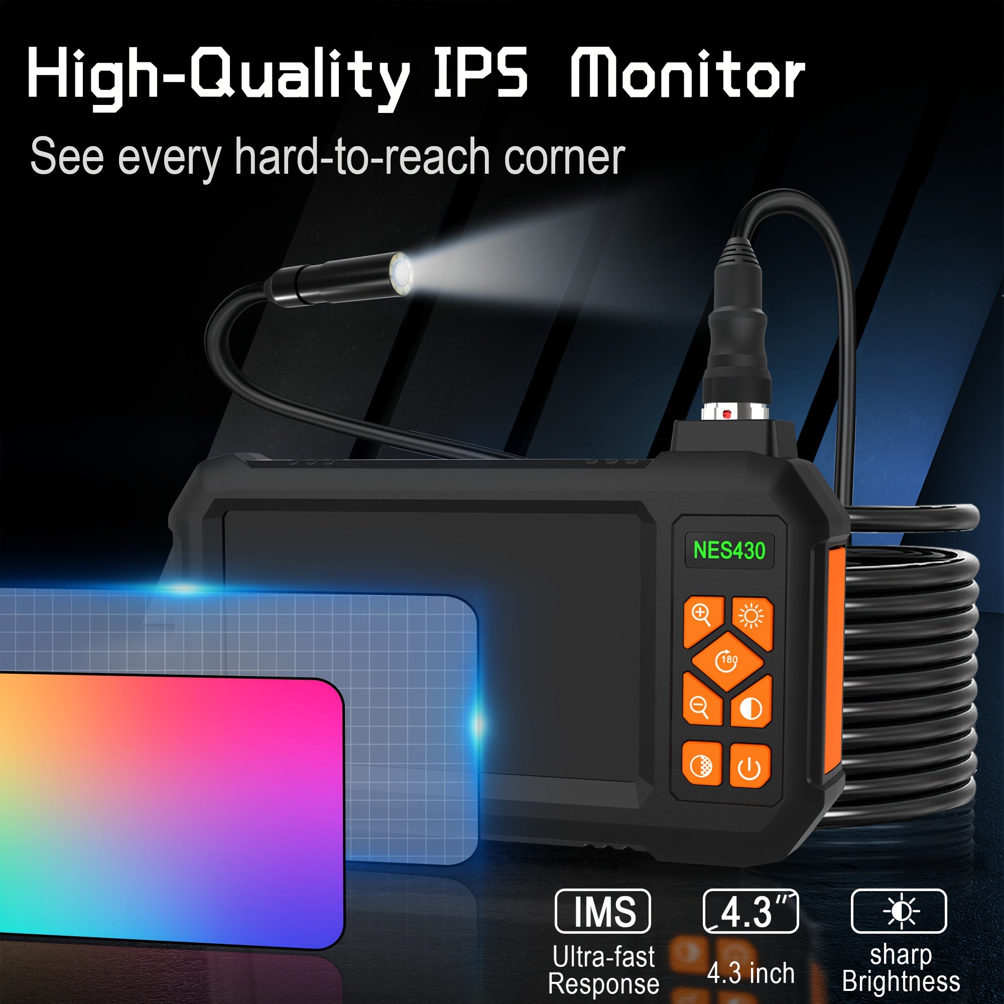 4. 3" IPS HD Borescope Camera with High-Quality 1080P Lens and Bright Headlight for Automotive and House Pipe Inspection