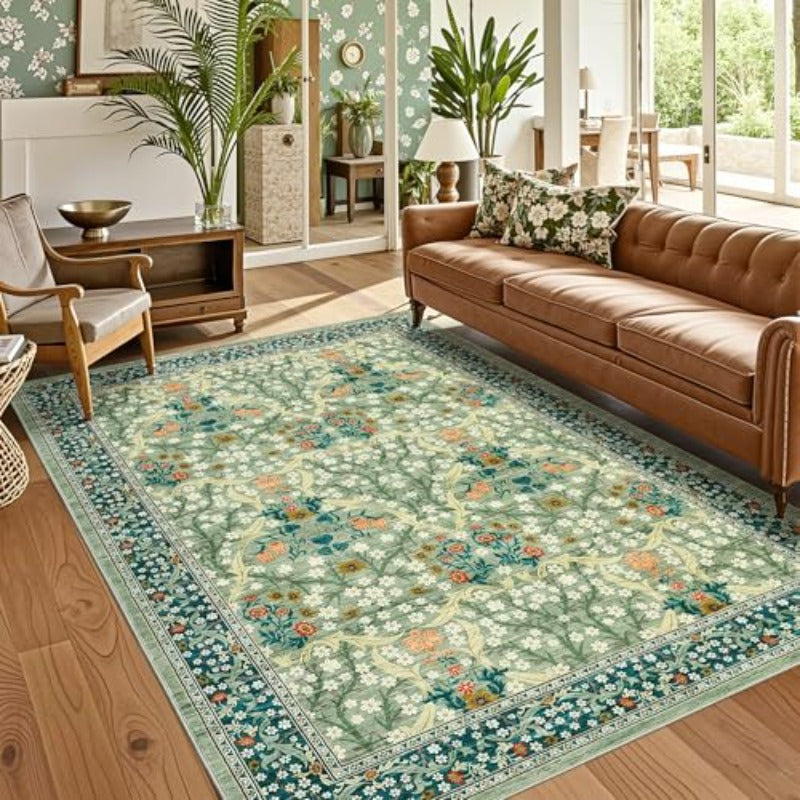 Floral Area Rugs 5x7 Sage Green Washable Rug for Living Room Bedroom Low Pile Non Slip Stain Resistance Indoor Boho Carpet Mat for Farmhouse Dining Room Office