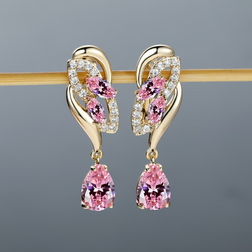 ANGOL Romantic Flower Dangle Earrings for Women - Golden-Tone Floral Design with Red & Clear Synthetic Gemstones, Elegant Party & Everyday Jewelry Gifts