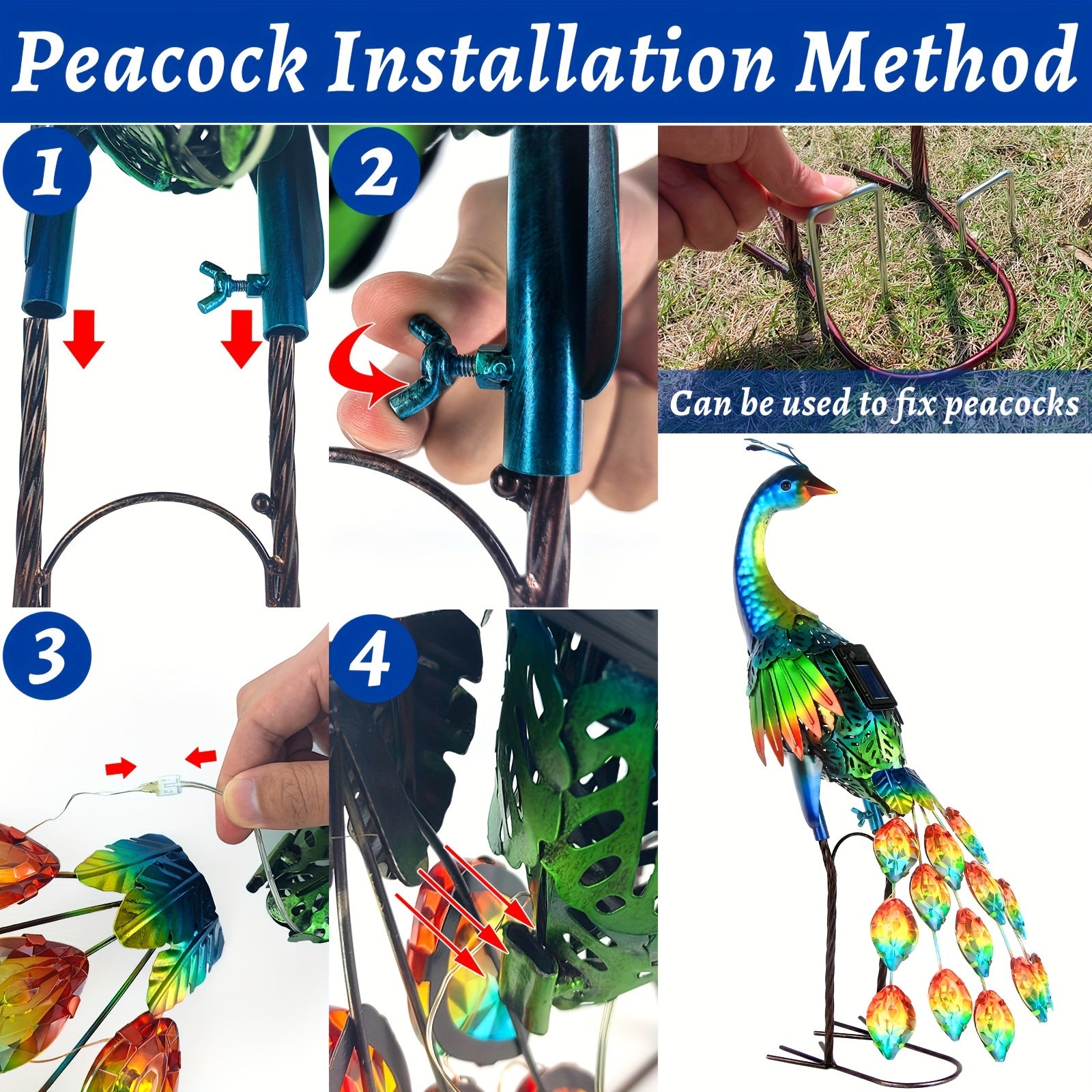 Outdoor Solar Peacock Statue Garden Decor,Metal Birds Garden Sculptures & Statues,Metal Peacock Yard Art Lawn Backyard Decoration Outdoor Sculpture