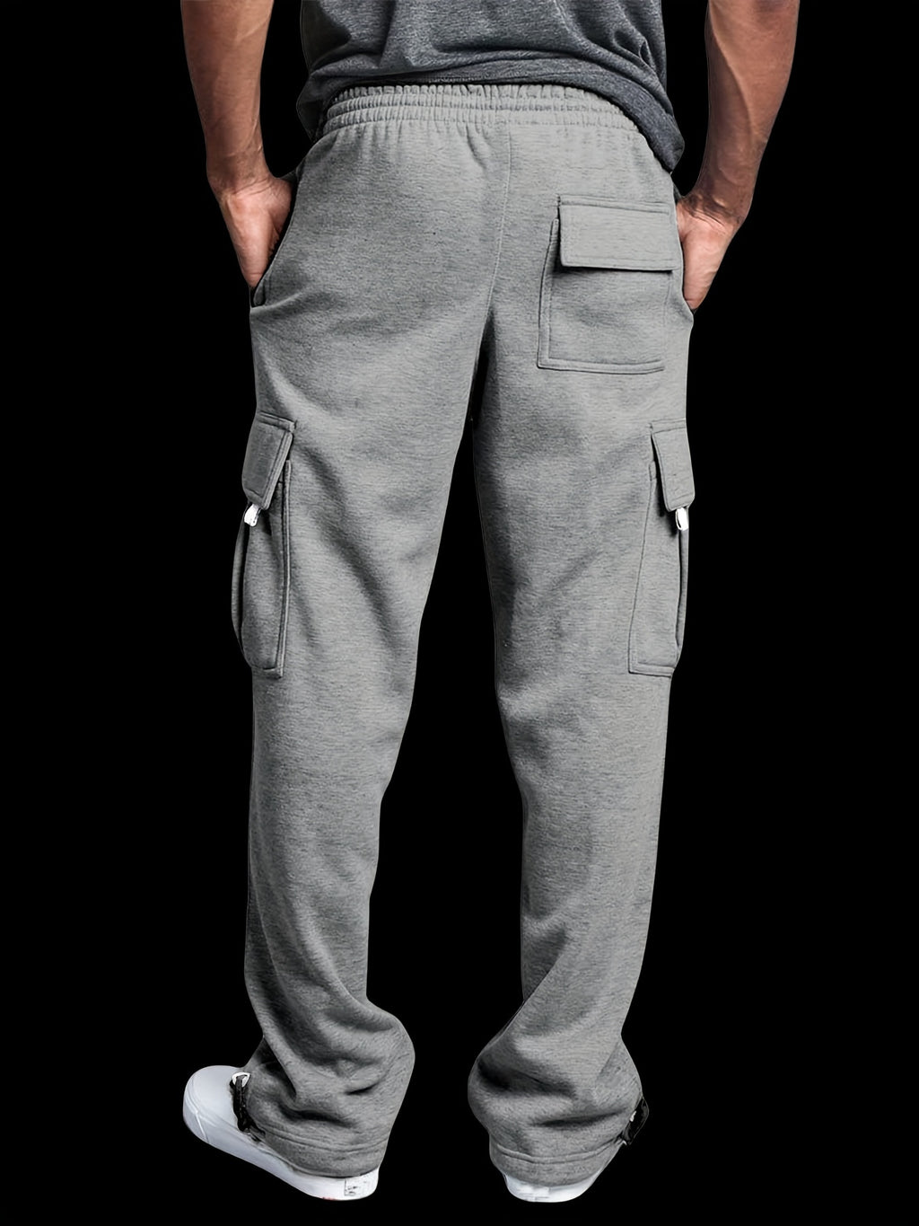 Men's Fleece-Lined Cargo Pants - Thick, Loose Fit for Winter Sports & Outdoor Activities, Gray with Multiple Pockets & Drawstring Waist, Polyester Knit Fabric, Street Style Joggers