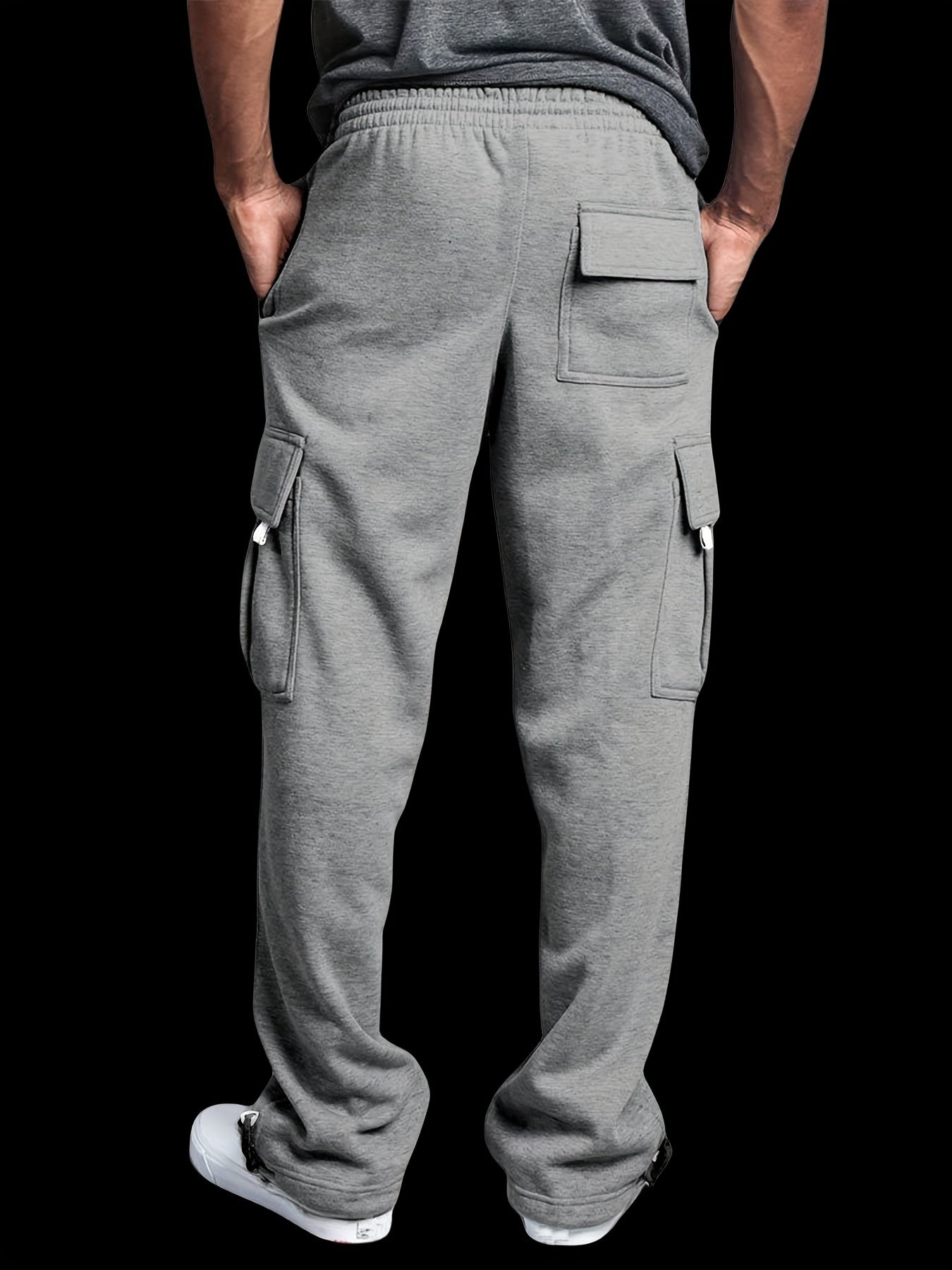 Men's Fleece-Lined Cargo Pants - Thick, Loose Fit for Winter Sports & Outdoor Activities, Gray with Multiple Pockets & Drawstring Waist, Polyester Knit Fabric, Street Style Joggers