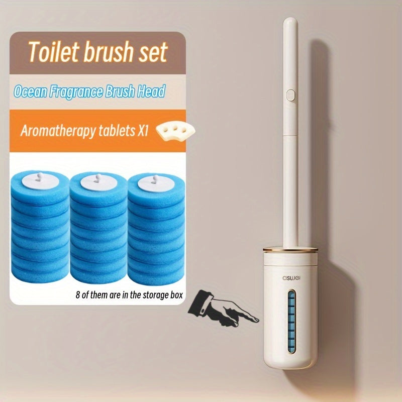 1 Set With 24 Brush Heads, Or Separately Equipped With 32 Brush Heads And 4 Aromatherapy Sticks, Disposable Sponge Brush Heads With Cleaning Solution, Plastic Toilet Brush, Toilet Brush Holder Set, Automatic Opening And Closi