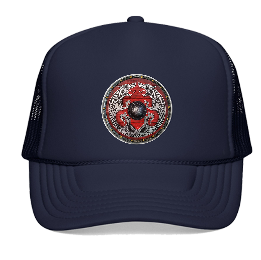 FREKI & GERI RED Viking Shield Emblem — Retro Norse Graphic Hat