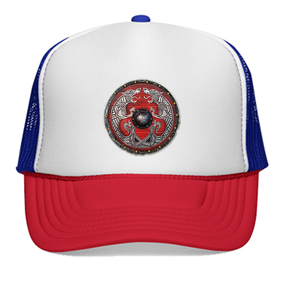 FREKI & GERI RED Viking Shield Emblem — Retro Norse Graphic Hat