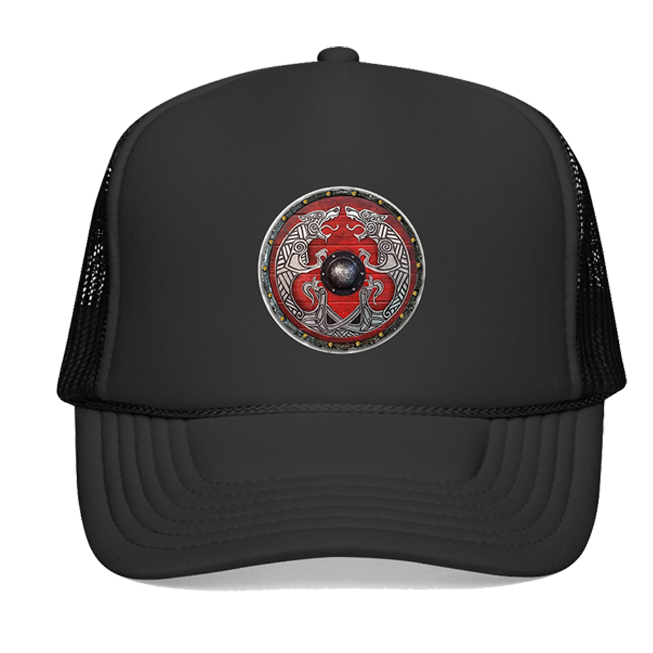 FREKI & GERI RED Viking Shield Emblem — Retro Norse Graphic Hat