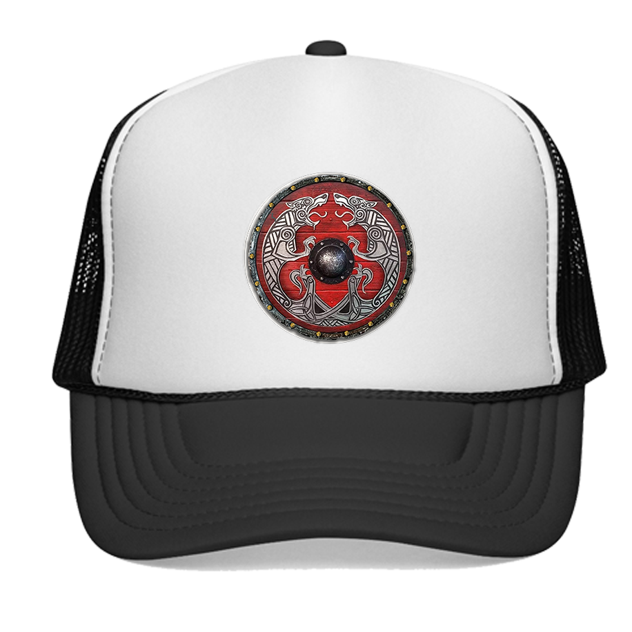 FREKI & GERI RED Viking Shield Emblem — Retro Norse Graphic Hat