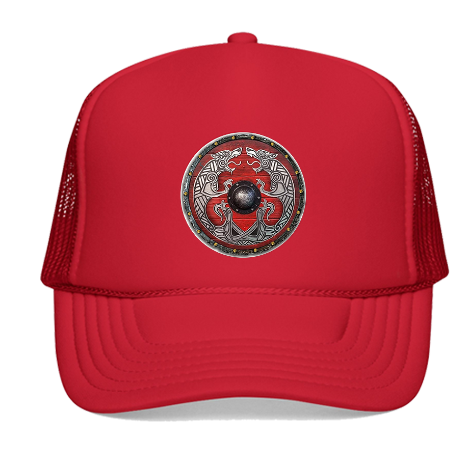 FREKI & GERI RED Viking Shield Emblem — Retro Norse Graphic Hat