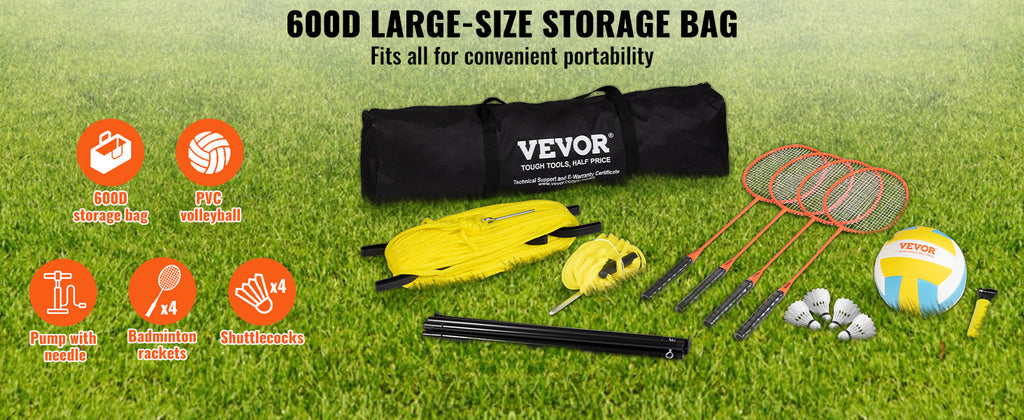 SucceBuy Outdoor Volleyball & Badminton Set Adjustable Steel Poles Professional Combo Set with Carrying Bag for Backyard Beach