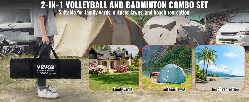 SucceBuy Outdoor Volleyball & Badminton Set Adjustable Steel Poles Professional Combo Set with Carrying Bag for Backyard Beach